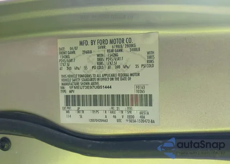 2007 Ford Explorer Xlt z USA, uszkodzony, nr VIN 1FMEU73E97UB51444